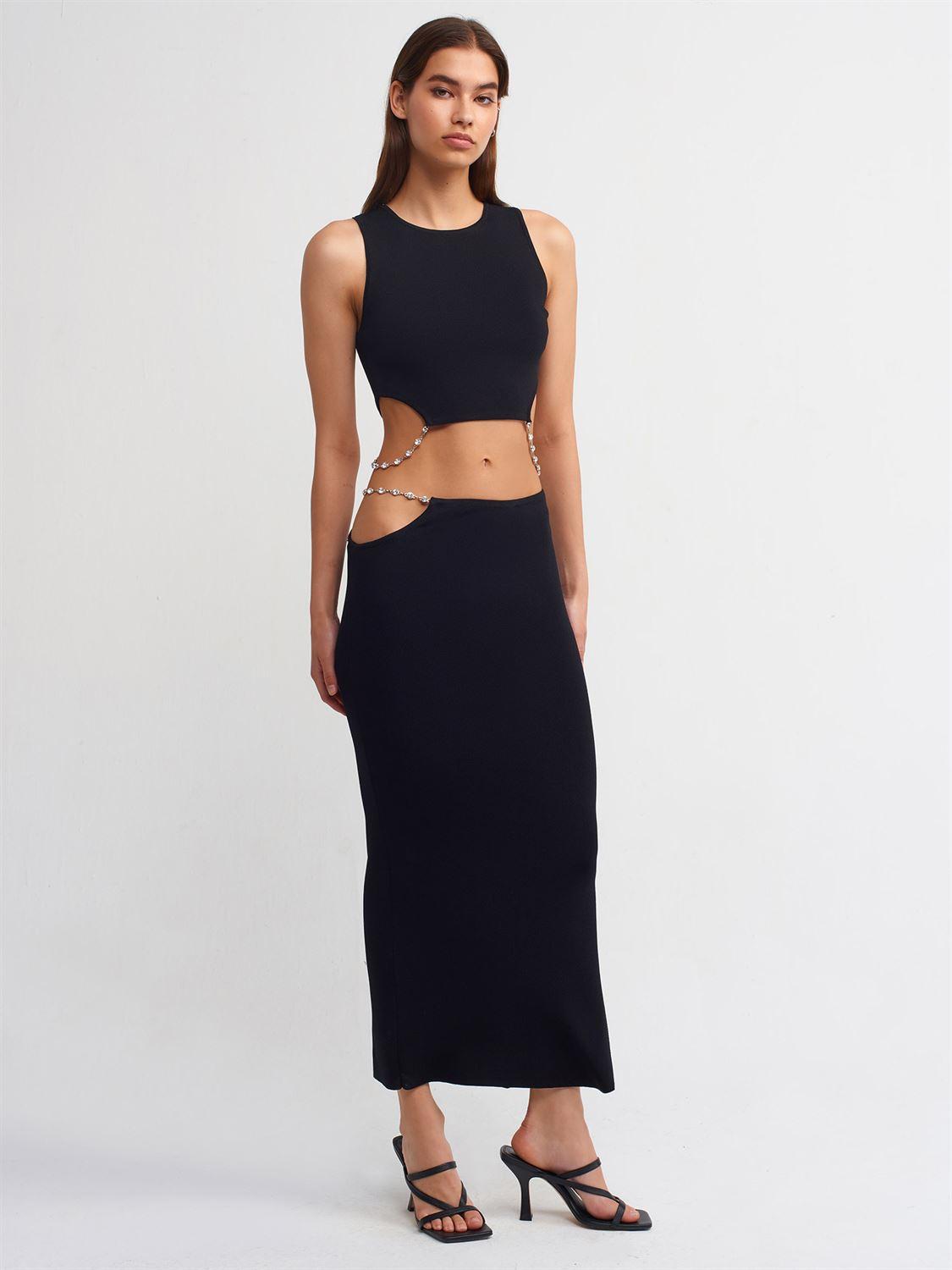 Waist Low-Cut Stone Tricot Skirt Black / One Size ZEFASH