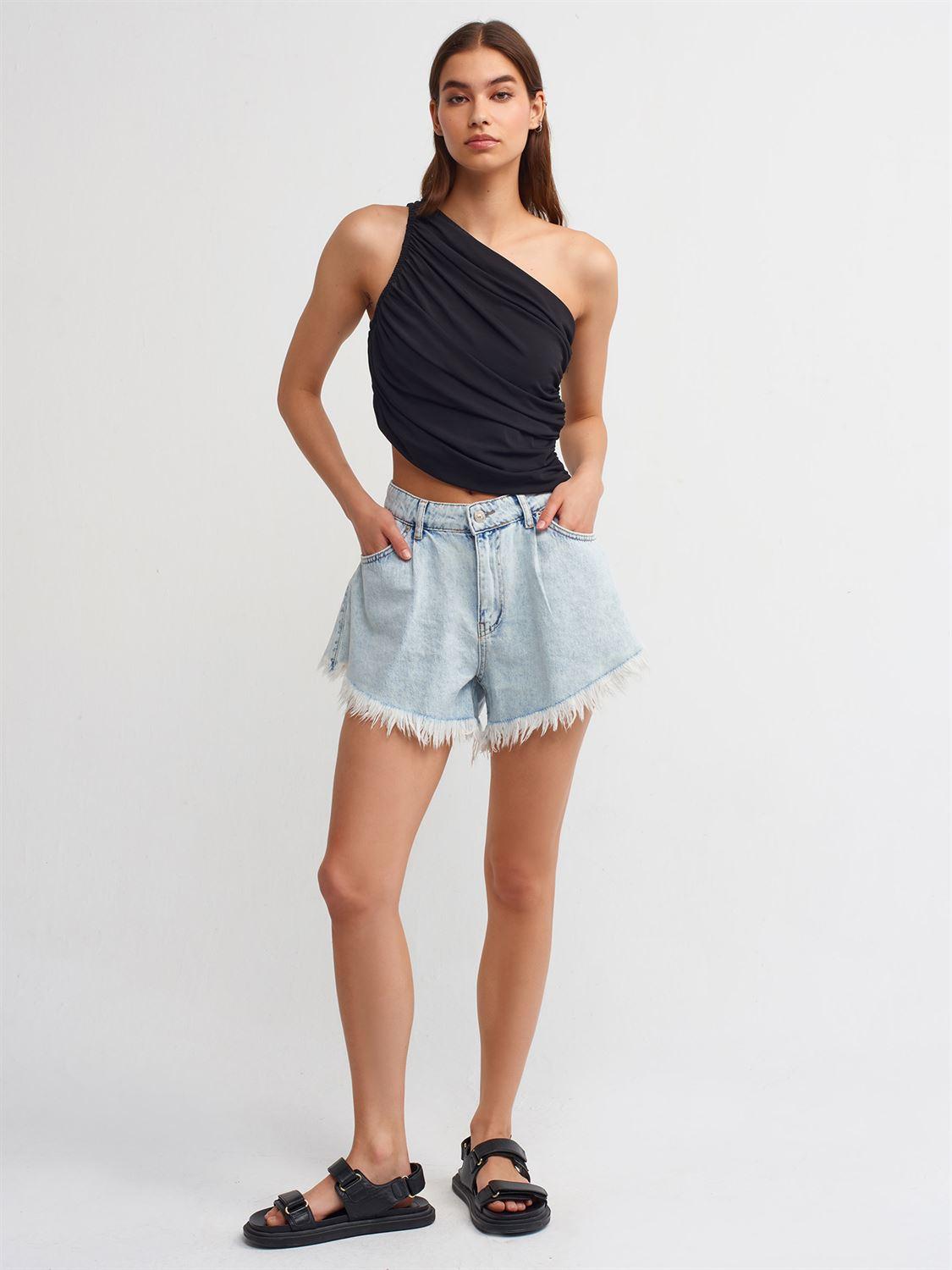 Wide Denim Shorts With Pleated Front Blue / XS / 2 ZEFASH