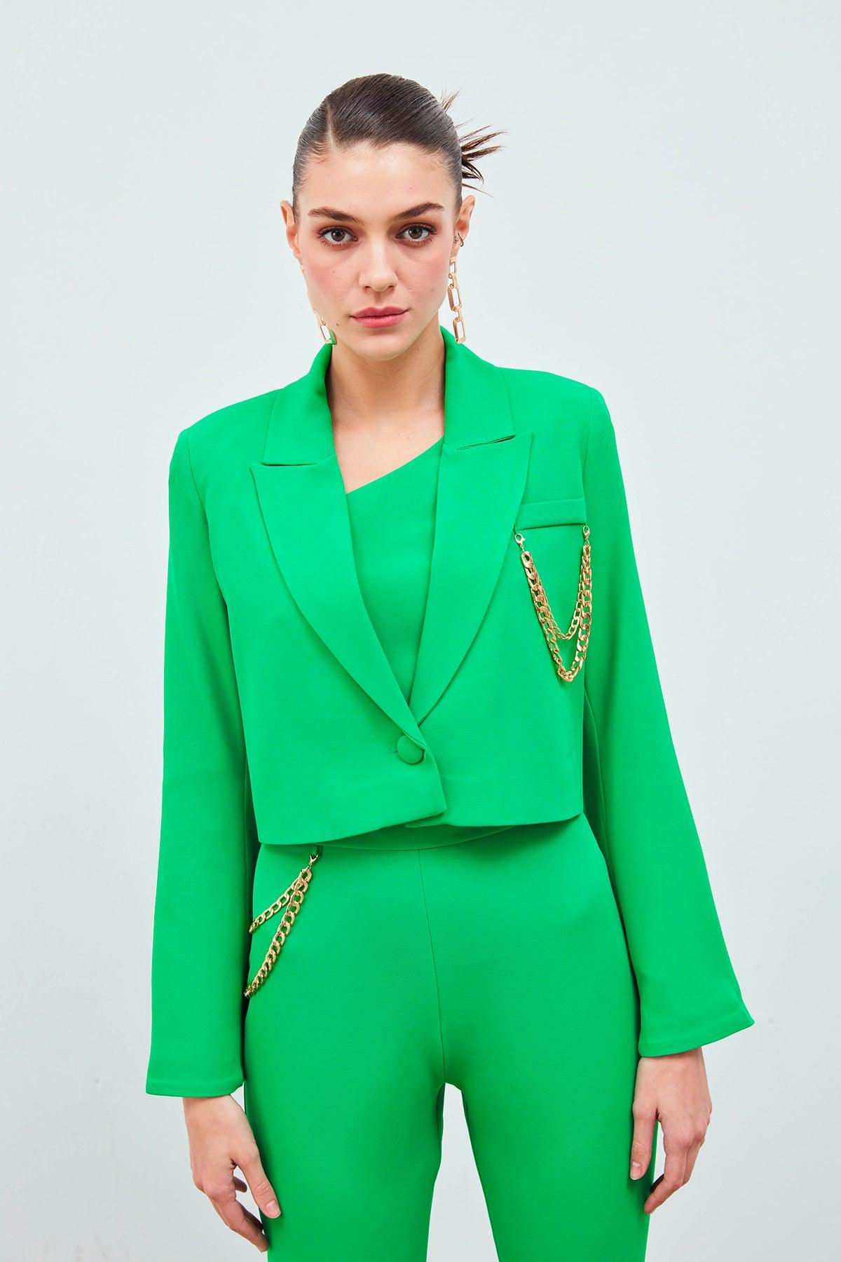 Wide Sleeve Detailed Accessory Jacket Green / S / 4 ZEFASH