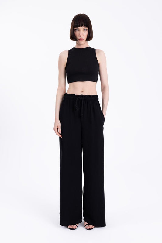 Wide Trousers With Elastic Waist Detail Black / XS / 2 ZEFASH