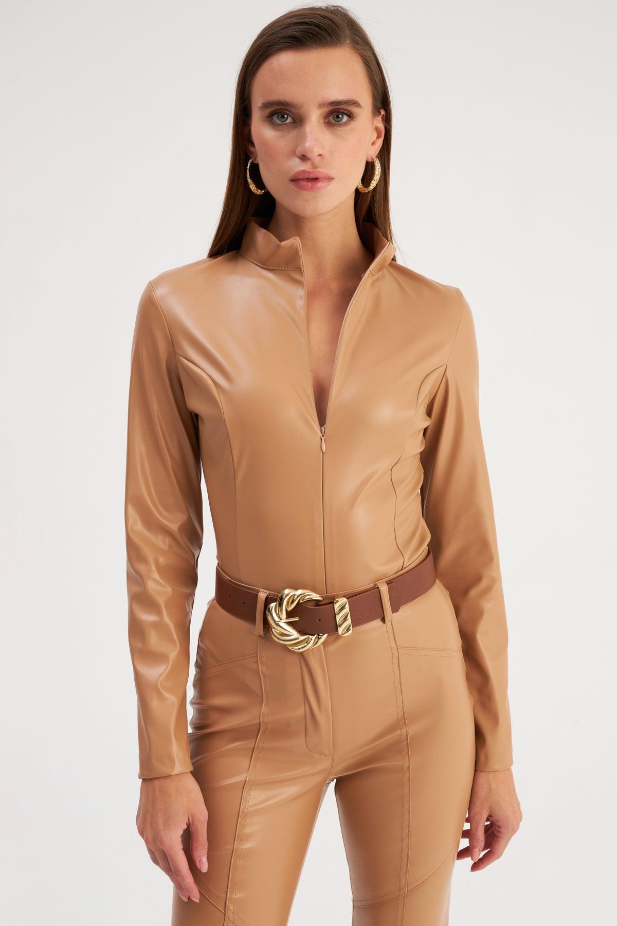 Zippered Leather Bodysuit Camel / S / 4 ZEFASH