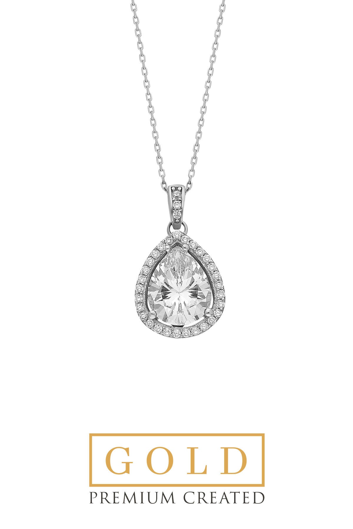 14 K White Gold Certified Gold Premium Created Stone Drop Solitaire Necklace