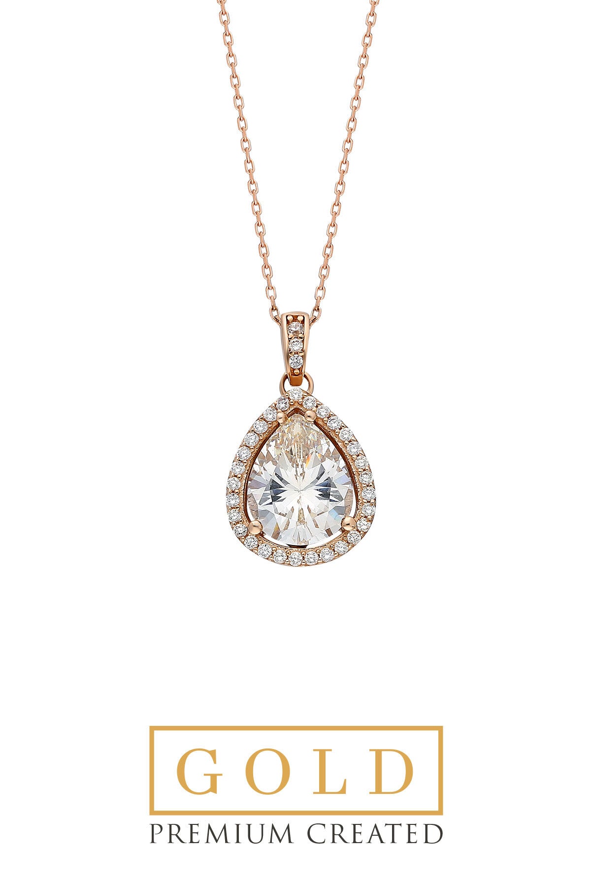 14 K Rose Gold Certified Gold Premium Created Stone Drop Solitaire Necklace